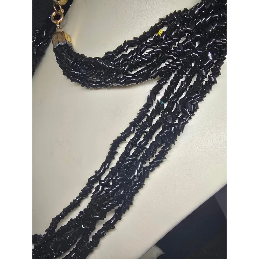 Vintage Multi Strand Black Bugle Bead Necklace Gold Tone Clasp Estate Jewelry